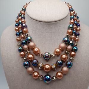 Vintage 1950s Iridescent Faux Pearl Beaded Necklace, Rhinestone Beads, 15 Inches